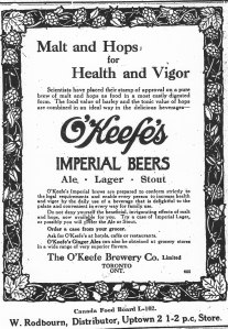 Advert for O'Keefe's Imperial Beers