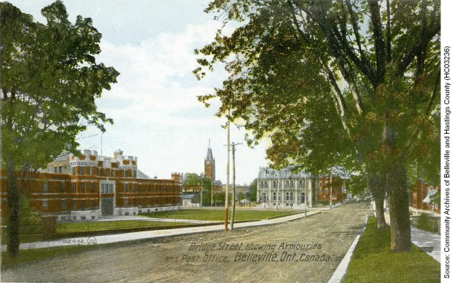 Postcard ca. 1912 showing a view of Bridge Street East, Belleville, with the Armouries, City Hall, and Post Office. The Armoury building was a major enlistment centre for volunteers.